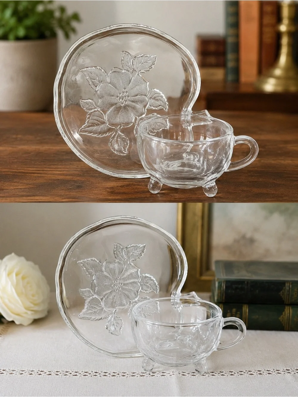 Vintage Clear Glass Apple Snack Set 2 Cups & 2 Apple Shaped Snack Plates